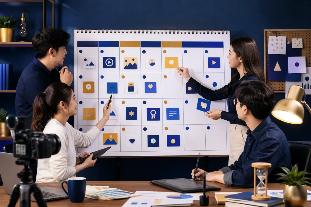 ทีมคอนเทนต์กำลังจัดตารางโพสต์ Facebook รายเดือนด้วยปฏิทินและการ์ดภาพกราฟิก