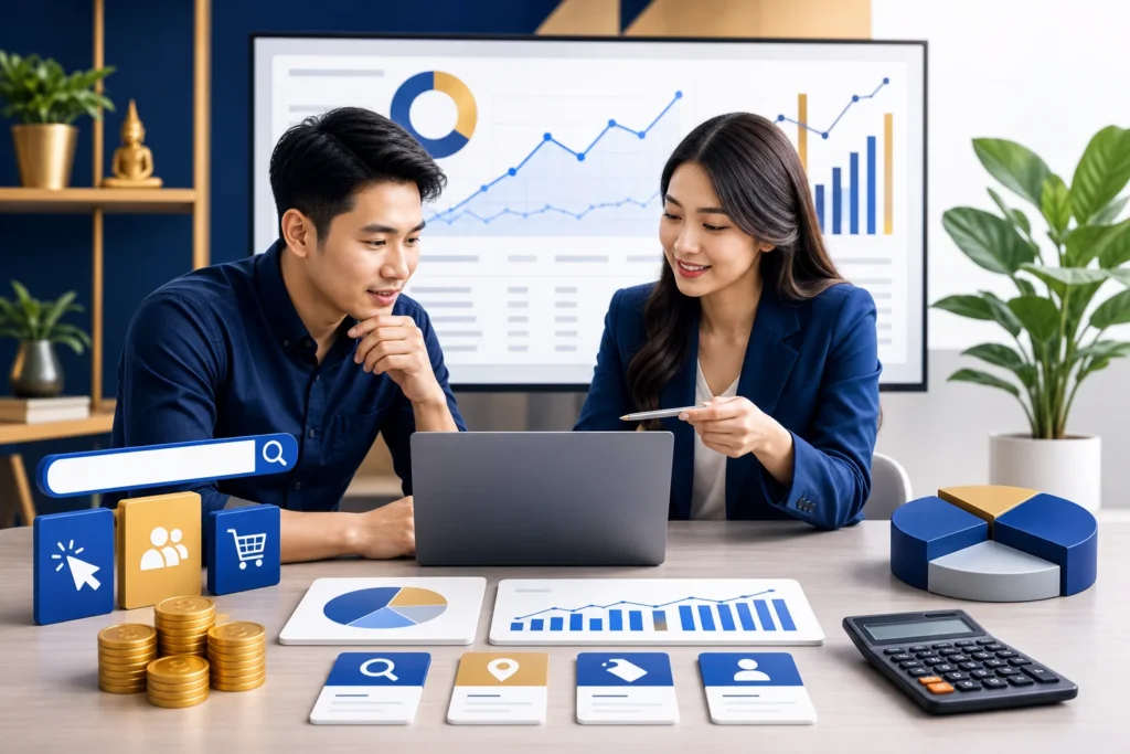 เจ้าของธุรกิจและผู้เชี่ยวชาญกำลังวางแผนค่าโฆษณา Google Ads บนหน้าจอคอมพิวเตอร์