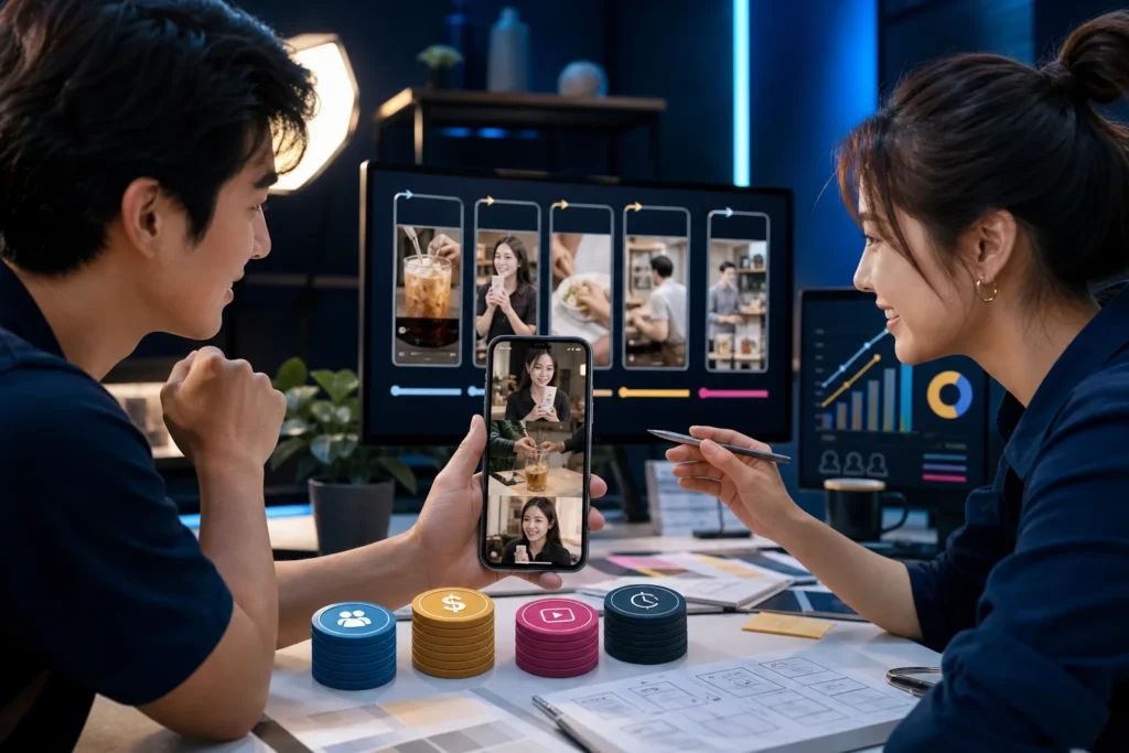 ทีมการตลาดกำลังวางแผนงบและวิดีโอโฆษณาแนวตั้งสำหรับ TikTok บนหน้าจอ